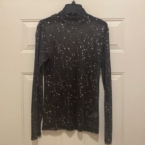 MANGOPOP Women's Long Sleeve Short Sleeve Glitter Sheer Mesh Tops Size L